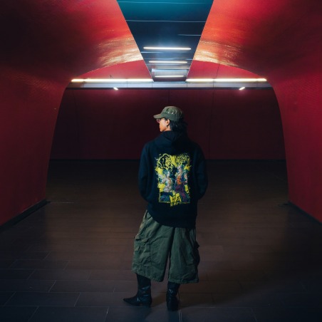 Black Hoodie — UFA 2025, worn from behind, tunnel