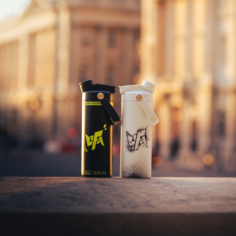 White Insulated Bottle — UFA, with the black bottle